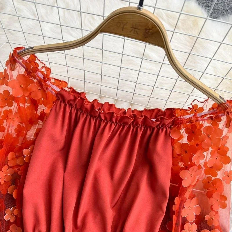 Off Shoulder Sexy Lace Blouses Women 2025 Spring Summer Korean Fashion Long Sleeve Tops Slim Flower Transparent Chiffon Shirts