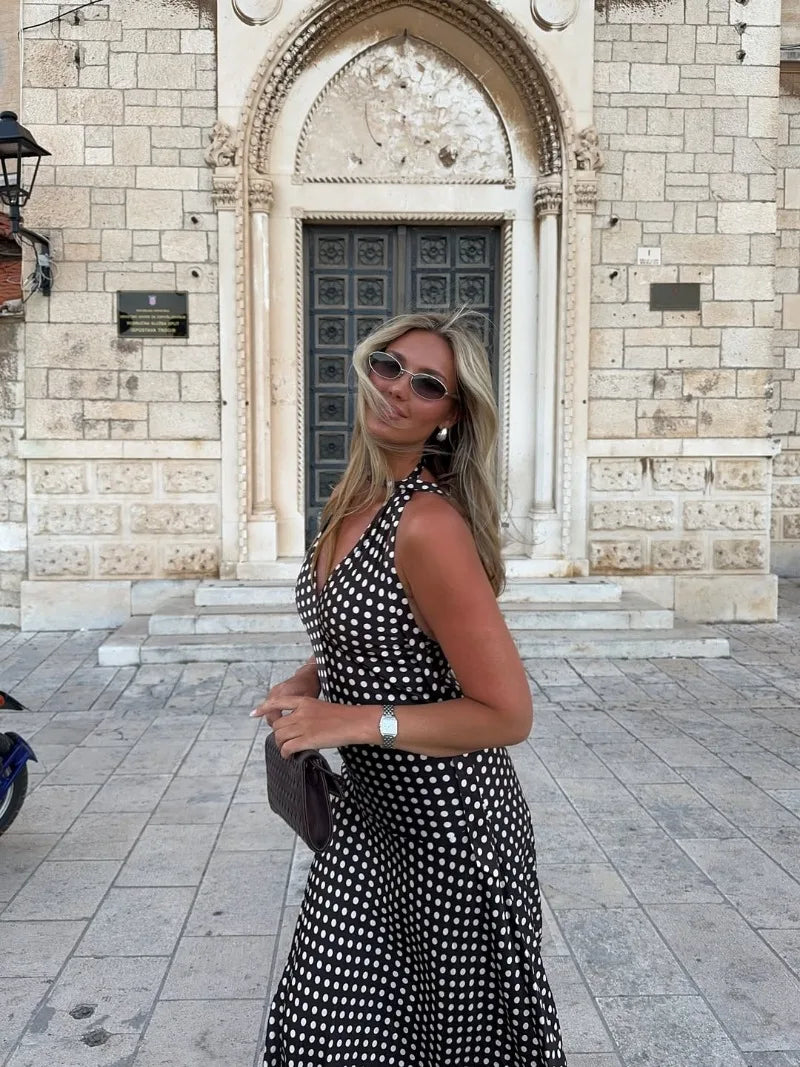 Trendix Polka Dot Print Backless Dress Women Summer Sexy Deep V Neck Sleeveless Off Shoulder Maxi Dresses Elegant Evneing Dress