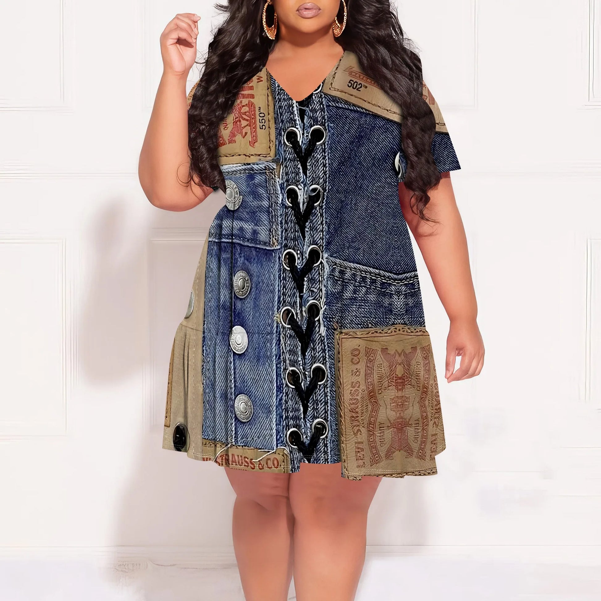 Denim Patchwork Lace-up V-neck Short Sleeve Dress - Women's Vintage Rugged Casual Party Festival Summer