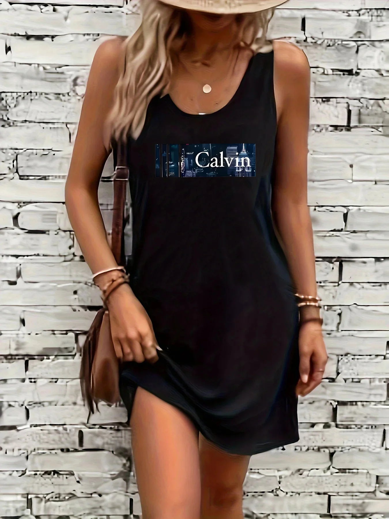 Women's summer loose casual fashion Calvin letter pattern printed vacation punk style mine black sleeveless vest dress