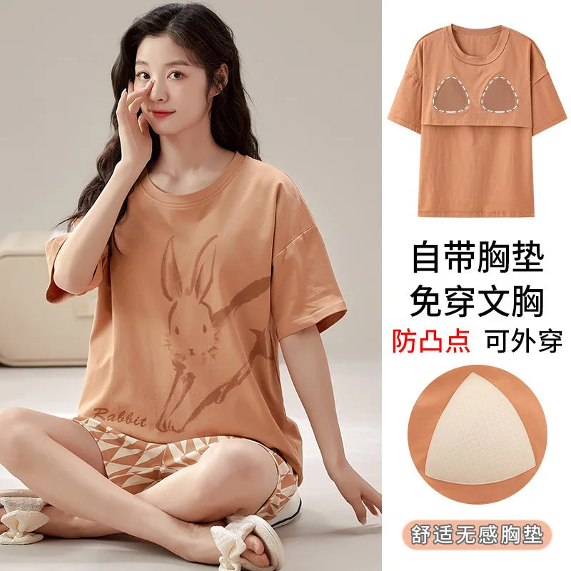 Summer 100% Cotton Women's Pajamas With Padded Bra Sweet Princess Cartoon Comfortable Short Sleeve Shorts Pajama Sets D1047 CHINA