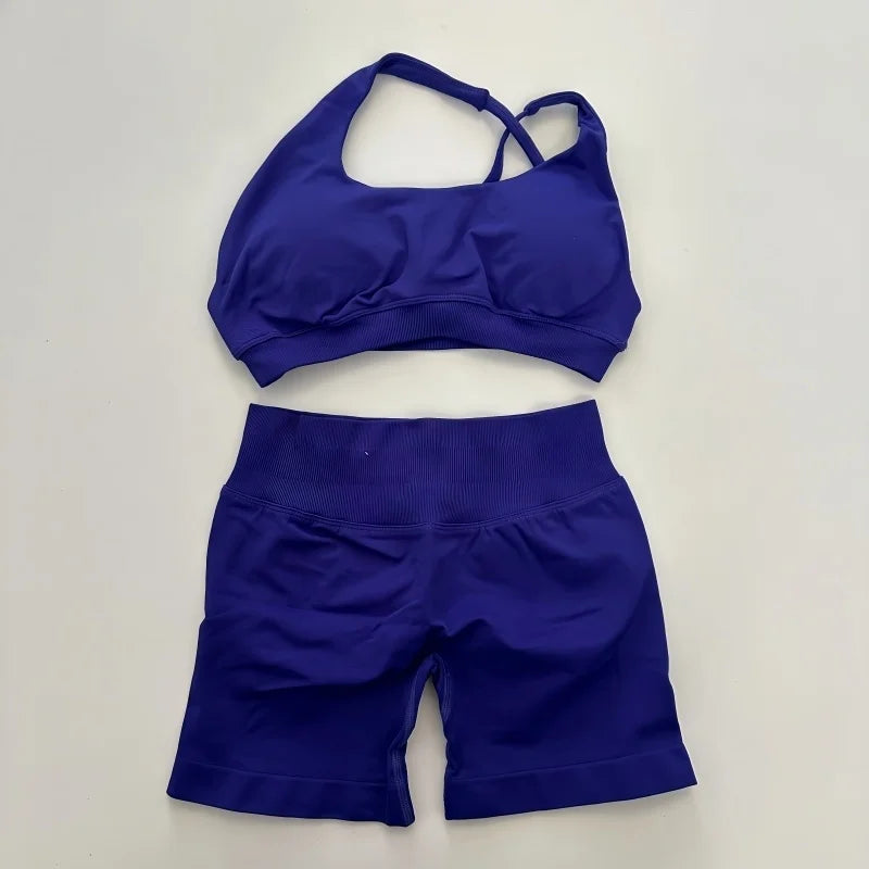 No Logo Yoga Asymmetric Gym Set Women Seamless Yoga Set Workout Shorts Sets Halter Sports Bra Scrunch Bum Shorts Fitness Clothes Badiee Stylez