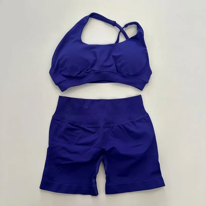 No Logo Yoga Asymmetric Gym Set Women Seamless Yoga Set Workout Shorts Sets Halter Sports Bra Scrunch Bum Shorts Fitness Clothes Badiee Stylez