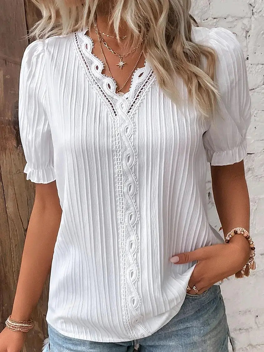 Sexy V Neck Patchwork Blouse Shirts Summer Female Short Lantern Sleeve Holiday Loose Blouse Tops SZE-ST23053