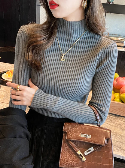 Elegant Solid Basic Knitted Tops Women Turtlneck Sweater Long Sleeve Casual Slim Pullover Korean Fashion Simple Chic Clothes GRAY One Size