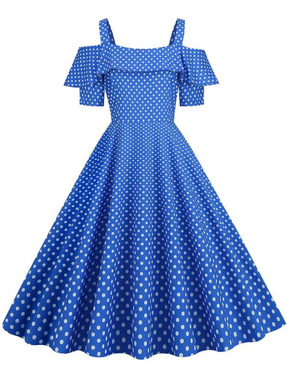 Off the Shoulder Elegant Vintage Party Dress Women Summer Polka Dot Ruffles A Line Midi Dresses Badiee Stylez