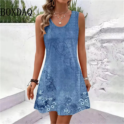 New Women Summer Sleeveless Bohemian Dress Sundress Loose Print Vacation Dress for Casual Beach Dress For Women Fashion Clothing HWX423 CHINA