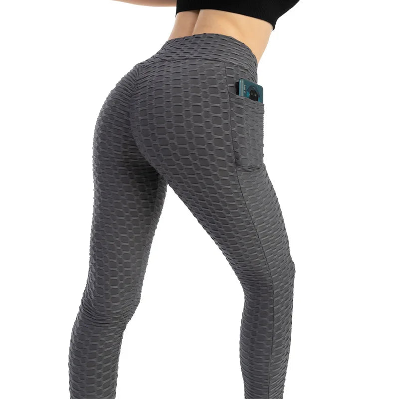 Women Fashion Pocket Bubble Pants Stretchy Slim Leggings Gym Running Cycling Fitness Pants High Waist Hip Lift Leggings Female gray