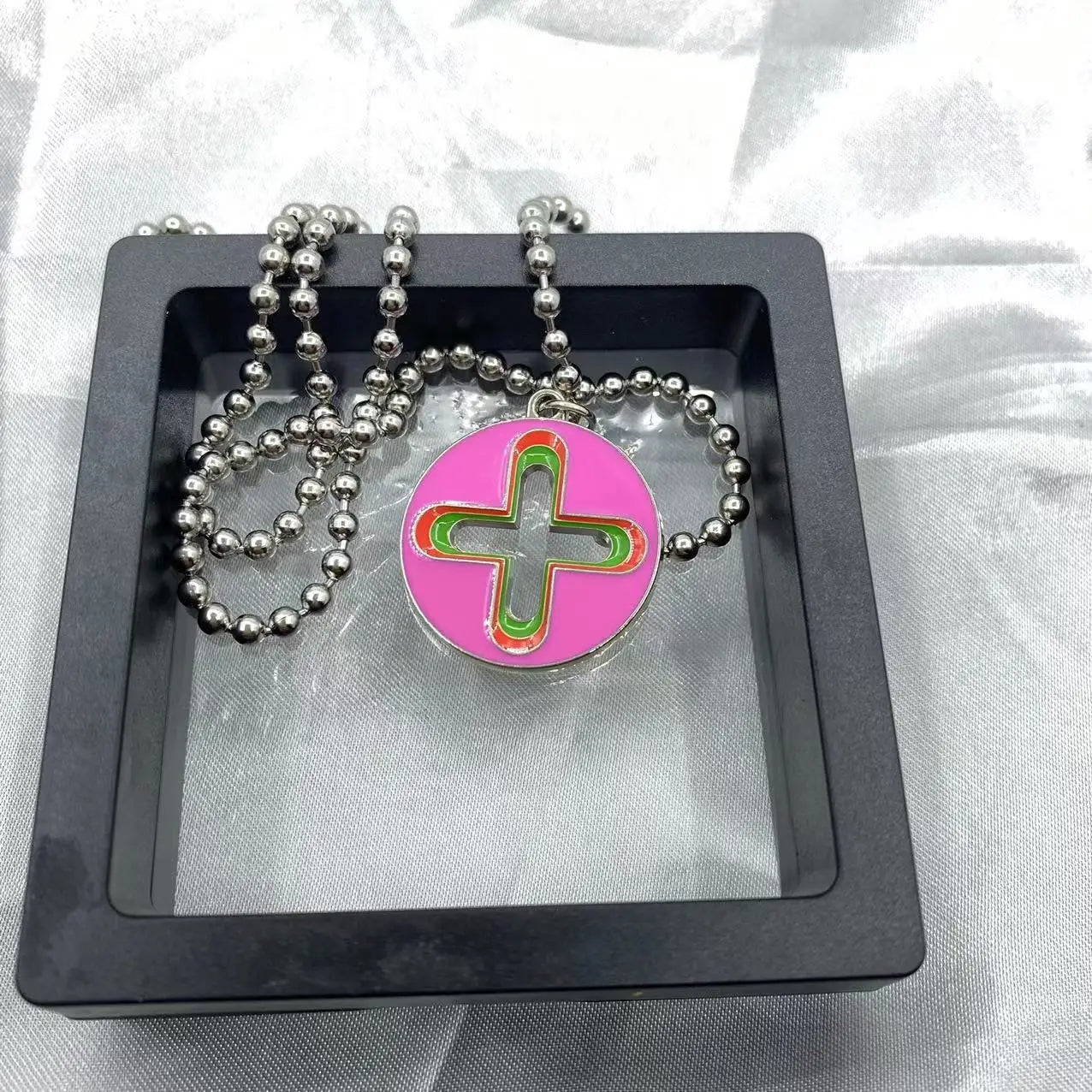 New Trendy Brand Cross Round Brand Dripping Oil Pendant Necklace Hip Hop Niche Design Personality Net Red Same Necklace new pink