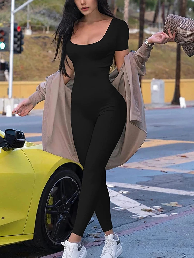 Women's Rompers Short Sleeve Solid Skinny Bodycon Jumpsuits Fashion Sports Fitness Casual Activity Streetwear Overalls Black