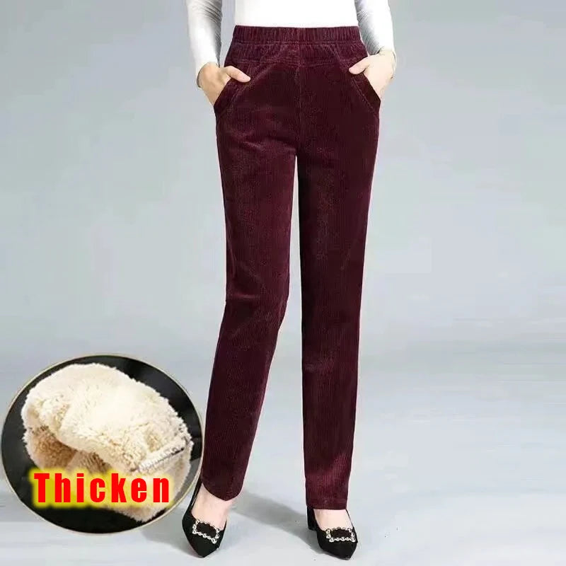 Autumn Winter Plush Thick Thin Elegant Women's Pants High Waist Fleece Pencil Pants Women Corduroy Leggings Office Lady Trousers Fleecing-Red