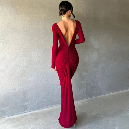 Women Sexy Elegant Long Dress Long Sleeve Backless Bodycon Slit Dress Autumn Evening Party Dresses Female Badiee Stylez