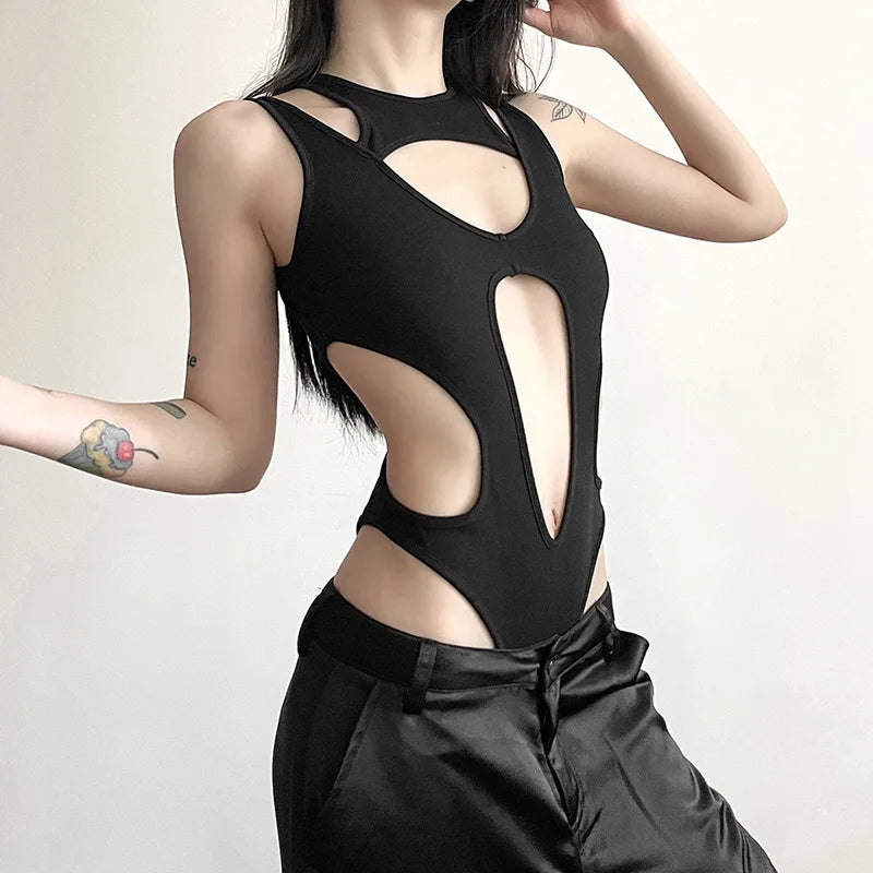 Gothic tops Y2k clothes sexy spicy hollow out bodysuit nigh clubwearr ashion women's patchwork slim fitting jumpsuit top tees