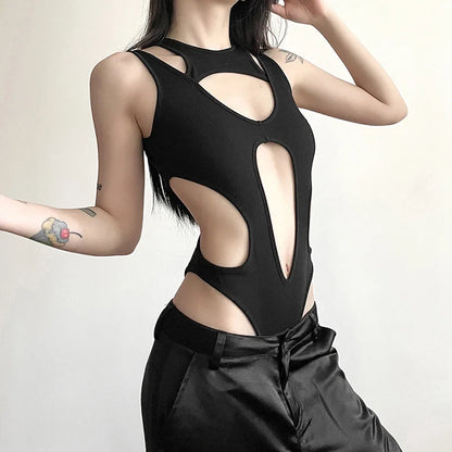 Gothic tops Y2k clothes sexy spicy hollow out bodysuit nigh clubwearr ashion women's patchwork slim fitting jumpsuit top tees