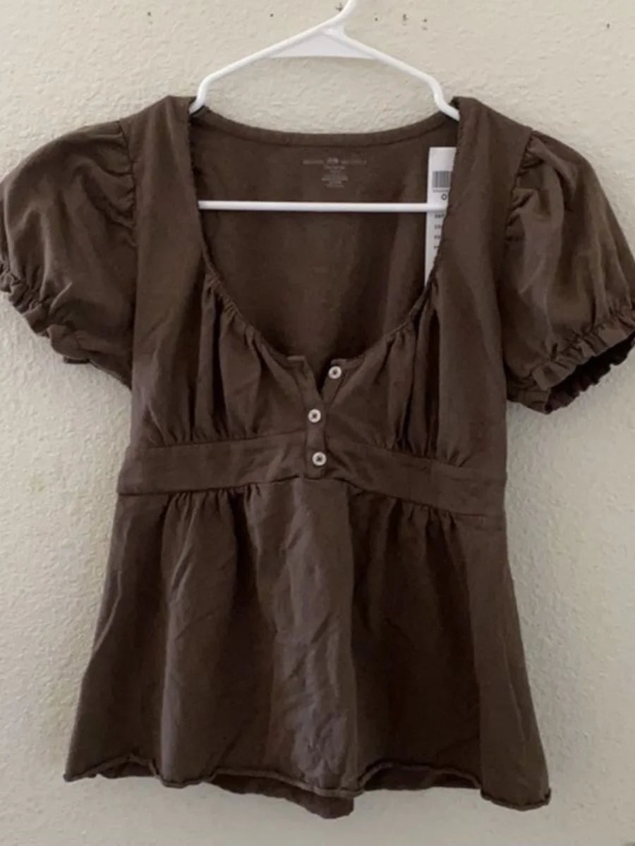 Womens Y2k Fairy Grunge Shirts Square Neck Short Sleeve Lace Patchwork Crop Top Vintage Aesthetic Clothes Brown