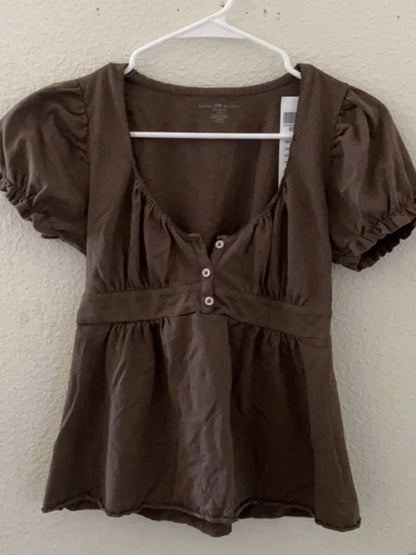 Womens Y2k Fairy Grunge Shirts Square Neck Short Sleeve Lace Patchwork Crop Top Vintage Aesthetic Clothes Brown