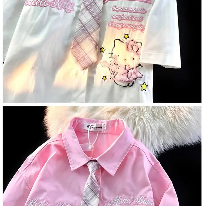 Hello Kitty Cute Short Sleeve Polo Shirts Women Sanrio Designer College Style Summer Blouse Korean Clothes Y2k New Fashion Tops