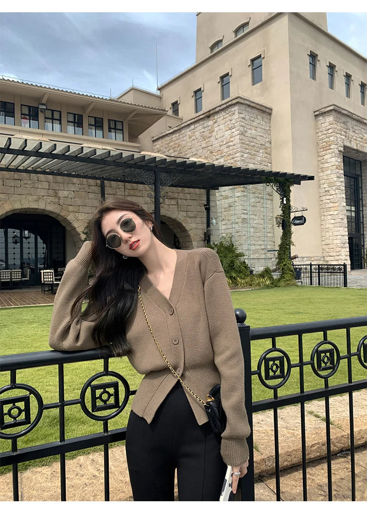 AOSSVIAO Knitted Casual Cardigan 2025 Autumn Winter Elegance Solid Color V-neck Sweater Unique and Niche Slim Fit Tops Badiee Stylez