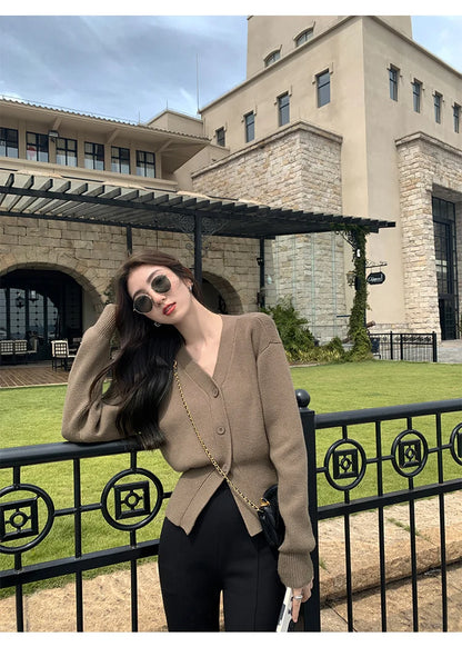 AOSSVIAO Knitted Casual Cardigan 2025 Autumn Winter Elegance Solid Color V-neck Sweater Unique and Niche Slim Fit Tops Badiee Stylez