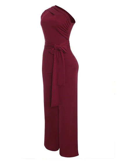 Women's Jumpsuit Solid Skew Collar Crop Top Straight Pants Belt Sexy Sleeveless Loose Pants Elegant Charming Playsuits 2024 Badiee Stylez