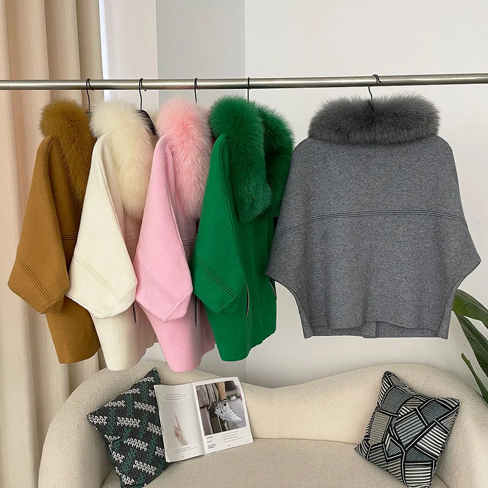 FURYOURSELF 2025 New Real Fox Raccoon Fur Collar Coat Knitted Sweater Women Short Sleeve Jacket Thick Warm Outerwear streetwear