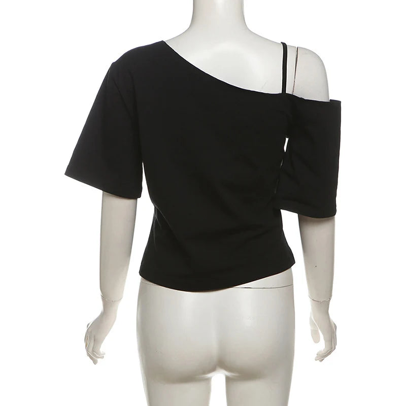 Gothic Tee Y2k Letter Print Off Shoulder Punk T-shirts Women Harajuku Summer Streetwear Grunge T Shirt Aesthetic Sexy Crop Tops
