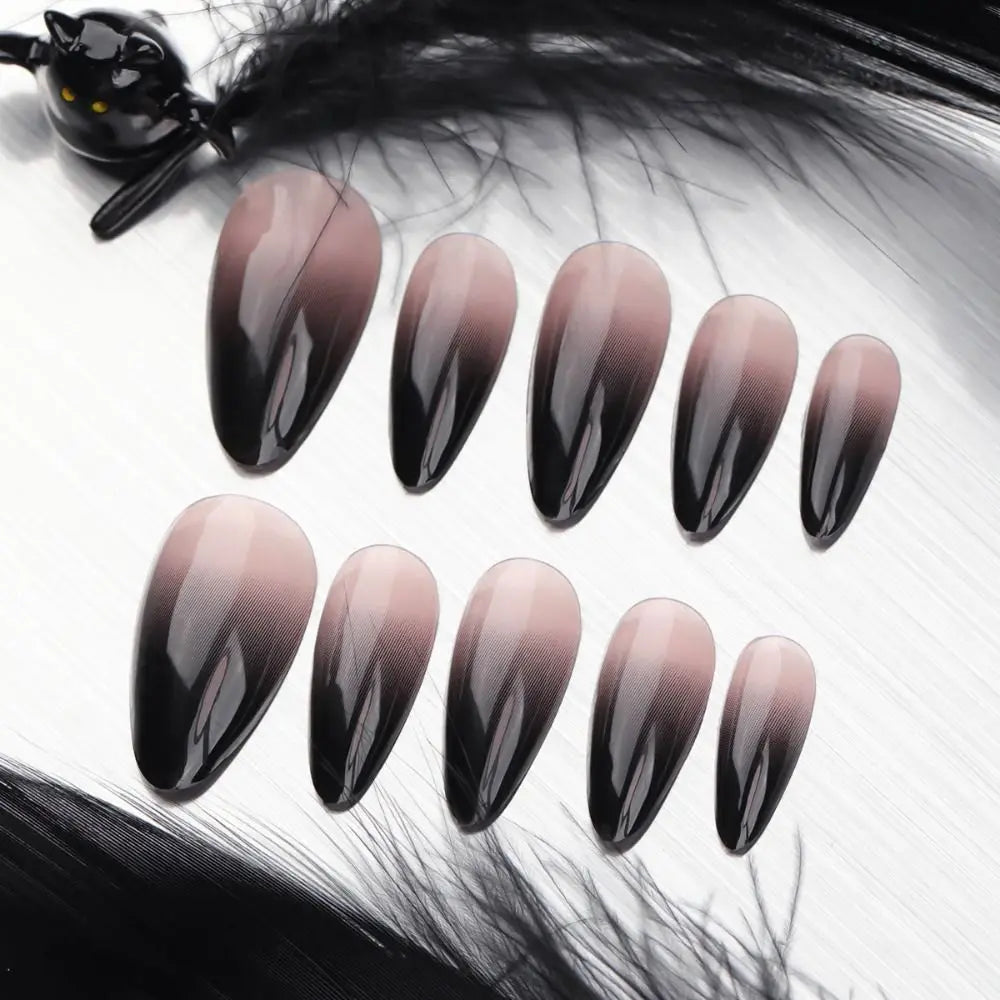 24pcs Manicure Long Almond False Nails Stiletto Ballerina Fake Nials Detachable Halloween Bat French Nail Tips DIY