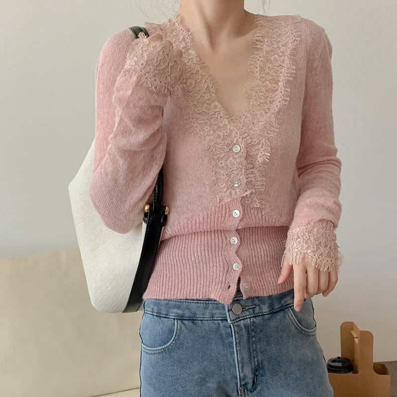 High-fashion Kawaii Botton Up Lace Patchwork Knitted Cardigan Women Autumn Winter Ladies Elegant Vintage Sweater Cheap Wholesale Pink One Size