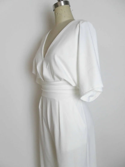 Jump Suits for Women V-neck Five-point Sleeve Wide-leg Pants Solid Color White Jumpsuits for Women Elegance Pants One Pieces new Badiee Stylez