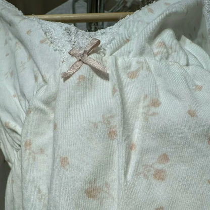 Floral Print Bow V Neck Camis Women Chic Lace Trim Sleeveless Slim Crop Tops Vest Sweet Casual Fashion Raw Hem Tank Top Y2k New