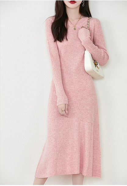 Women's Pure Wool Knitted Long Dress, Round Neck, Fishtail Skirt, Slim, Elegant, Casual, Fashionable, Sweater, 2024Autumn/Winter Badiee Stylez