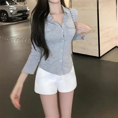 Black Shirts Woman Elegant Fashion Streetwear Female Slim Blouse Spring Summer Thin Y2K Casual Office Ladies Sexy Tops White Badiee Stylez