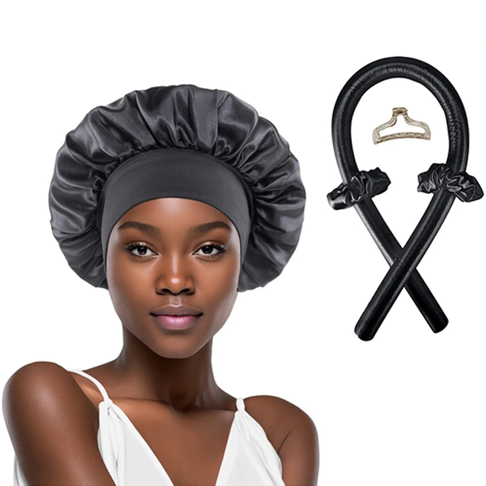 No Heat Hair Curler And Satin Sleeping Cap Set Heatless Hair Curling Headband Hair Claw Clip Hair Rings Soft Sleeping Hat Salon Badiee Stylez