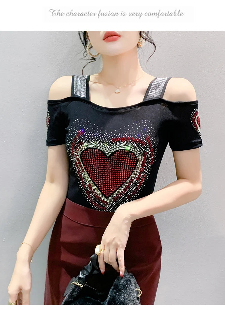 Aoxison Summer Short Sleeved Women's T-Shirt Elegant Slim Shiny Love Heart Diamonds Mesh Tops Chic Girl Sexy Off Shoulder Tees