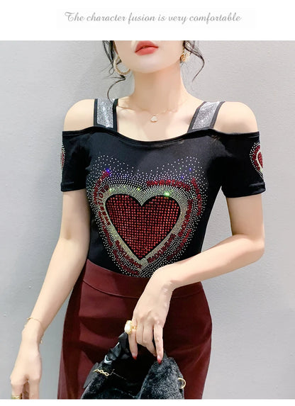 Aoxison Summer Short Sleeved Women's T-Shirt Elegant Slim Shiny Love Heart Diamonds Mesh Tops Chic Girl Sexy Off Shoulder Tees