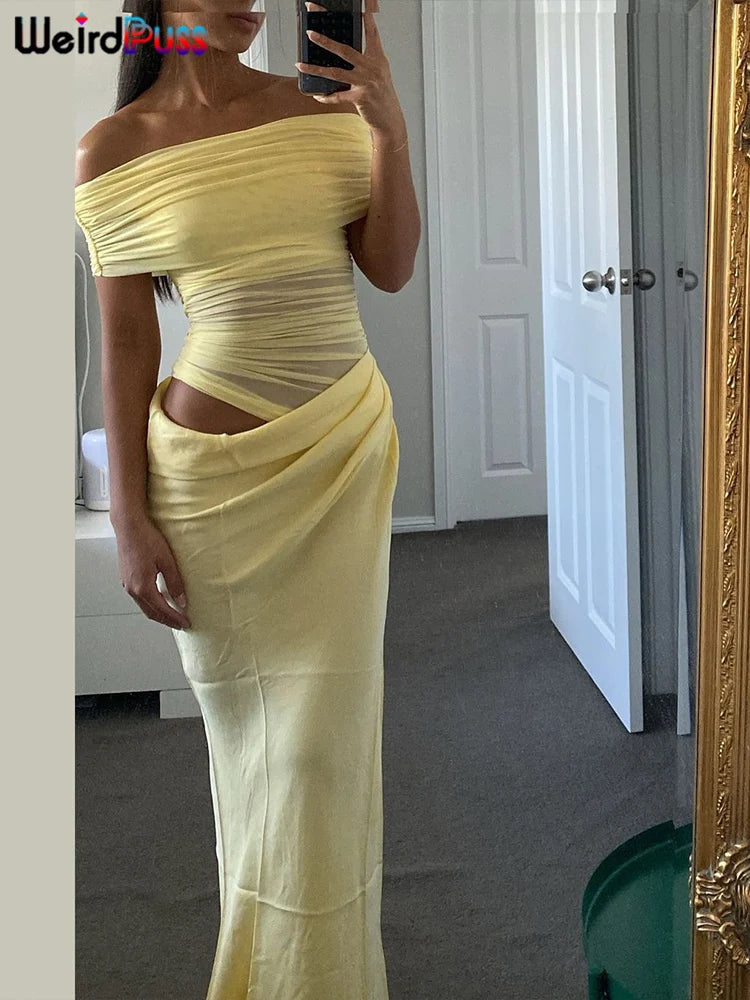 Weird Puss Ruched Irregular Dress Women Mesh Patchwork Slash Neck Short Sleeve Skinny Stretch Trend Elegant Long Bodycon Outfits Yellow
