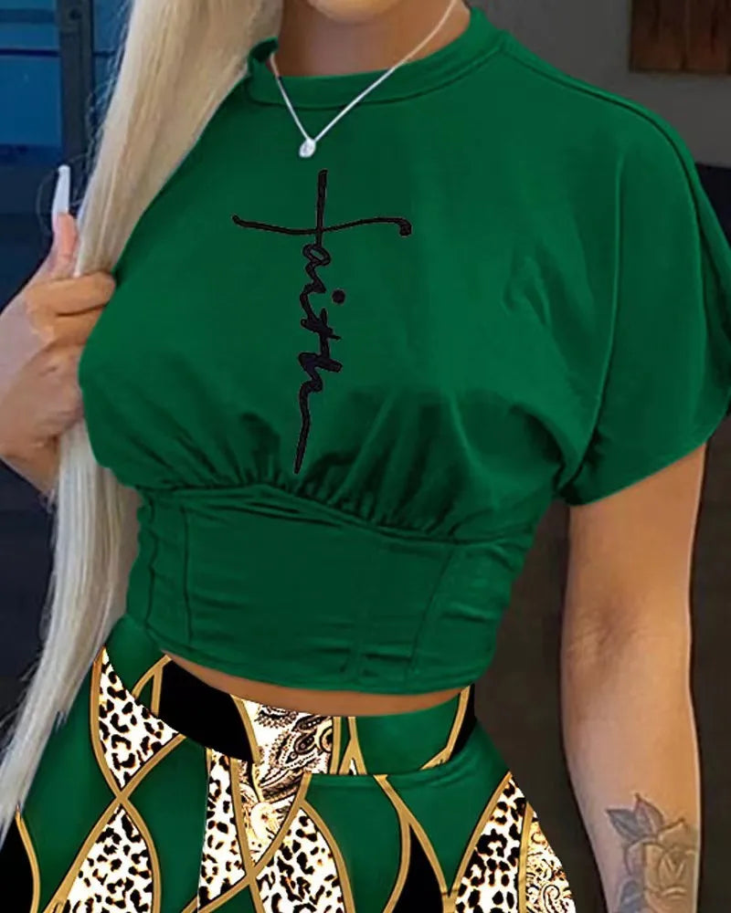 Women Two Piece Short Sets Round Neck Crop Tops Pullovers High Waist Shirts Elastic Waist Shorts Matching Sets Y2k Summer