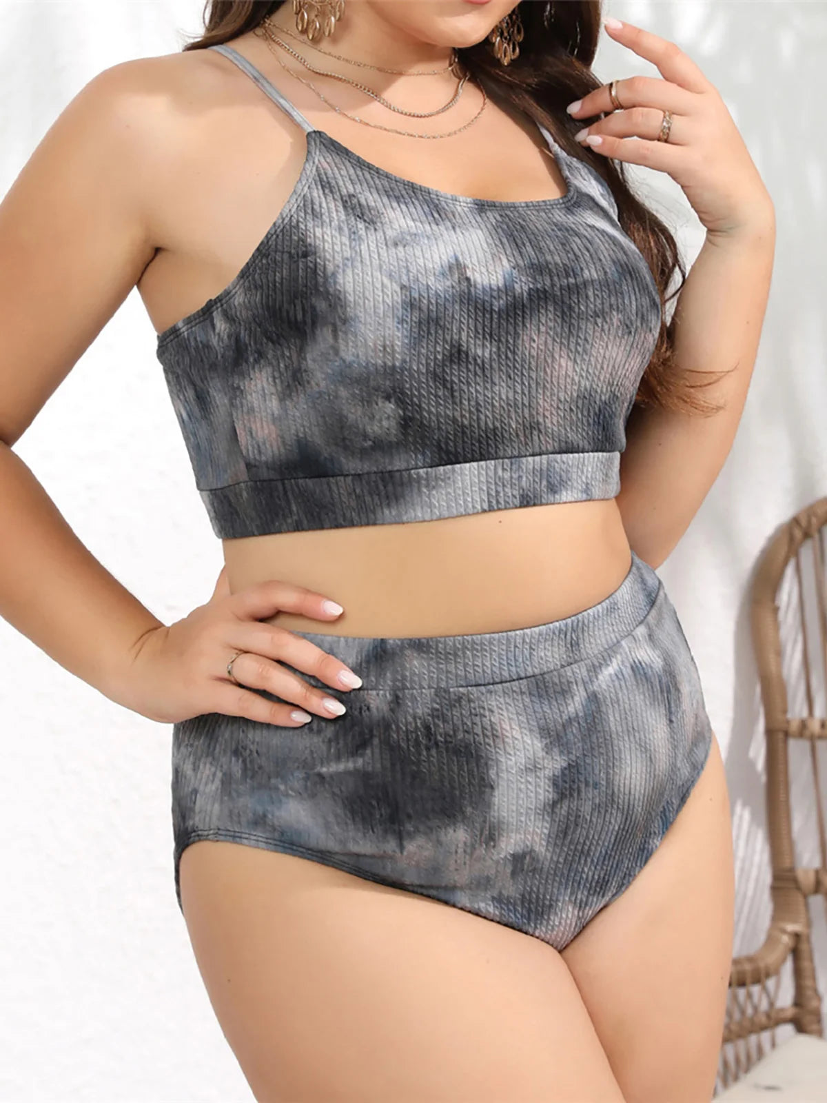 0XL - 4XL Tie Dye Bikini Large Size Swimwear Plus Size Women Swimsuit Female Two-pieces Bikini set Bather Bathing Suit V4841B Black Tie Dye