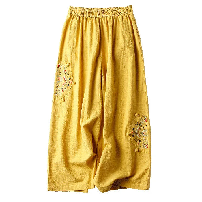 Summer Cotton Linen Cropped Pants Women Casual Thin Vintage Ethnic Bottom Embroidered Wide Leg Pants Woman Clothes Trousers Yellow