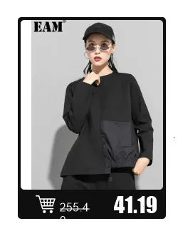 EAM 2024 New Fashion Winter Stand Collar Irregular Long Type Black Cotton-padded Clothes Loose Coat Black Jacket Woman YA771
