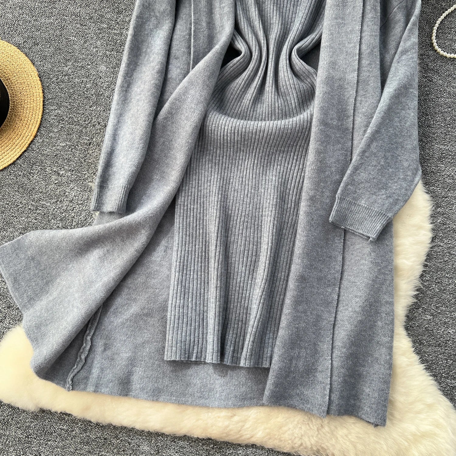 SINGREINY Autumn Knitted Two Pieces Sets Ladies Loose Knitting Cardigan+Spaghetti Strap Bodycon Dress Basic Solid Winter Suits Badiee Stylez