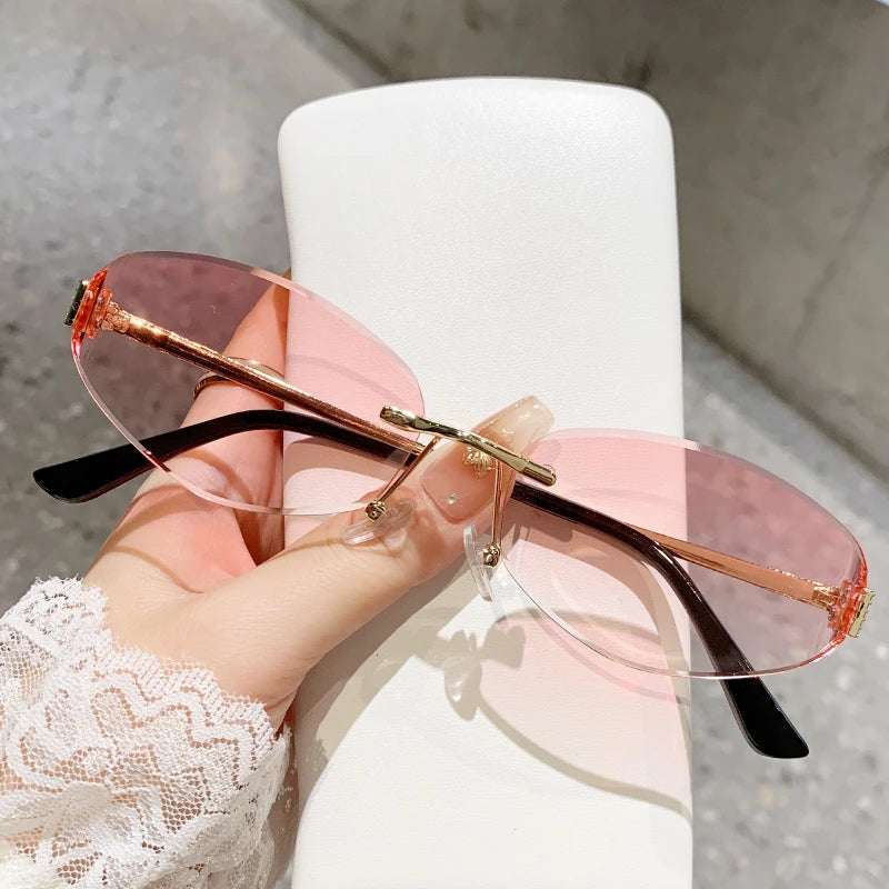 Retro Frameless Oval Concave Design Y2k Personalized Sunglasses Trendy Uv Resistant Street Photography Sunglasses 90275 Pink