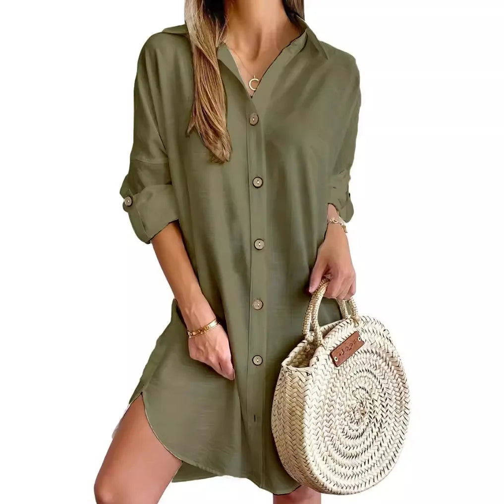 Solid Color Button Front Shirt Dress Casual Long Sleeve Lapel Dress For Spring & Fall Women's Clothing Badiee Stylez