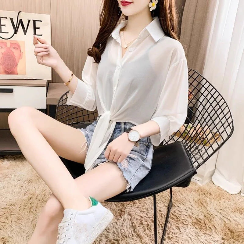Xpqbb Summer Sun Protection Shirts Ladies Solid Color Tied Waist Half Sleeve Button Blouse Women Casual Loose Chiffon Shirt