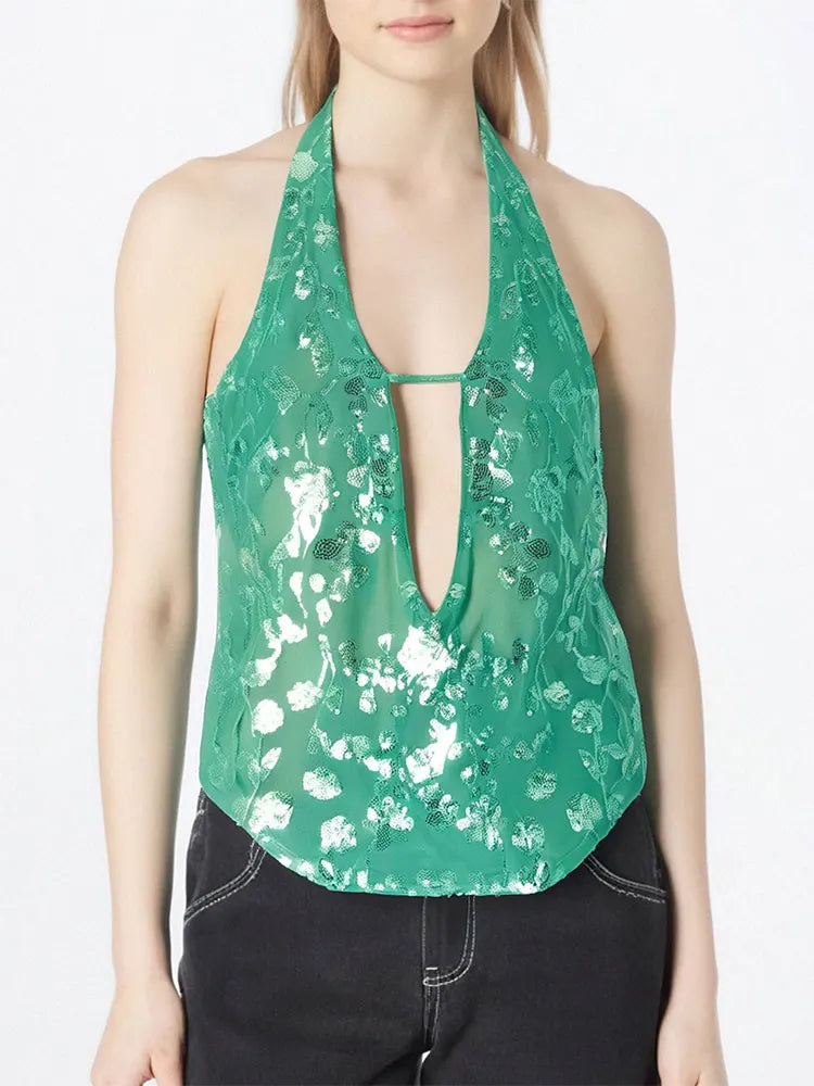 Summer New Women's Tank Streetwear Fashion Vest Sequins Halter Sexy V-Neck Backless Female Casual Slim Versatile Tank Clothing