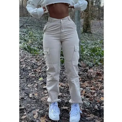 Women High Waist High Elastic Solid Jeans 2023 New Autumn Jeans Women Workwear with Pocket Denim Straight-Leg Pants Cargo Pants Greige