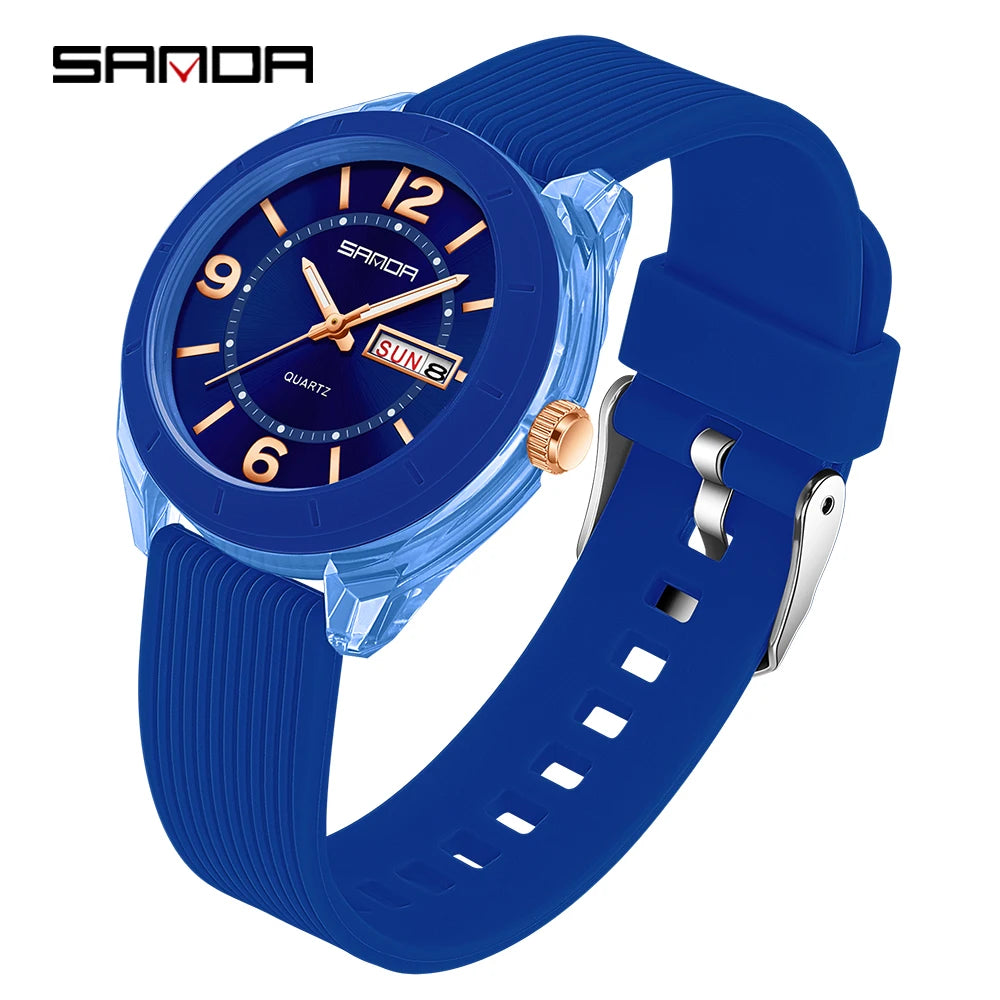 SANDA Quartz Watch for Women Waterproof Auto Date Week Elegant Luxury Ladies Wristwatch Waterproof Analog Women's Watches Blue