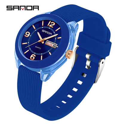 SANDA Quartz Watch for Women Waterproof Auto Date Week Elegant Luxury Ladies Wristwatch Waterproof Analog Women's Watches Blue