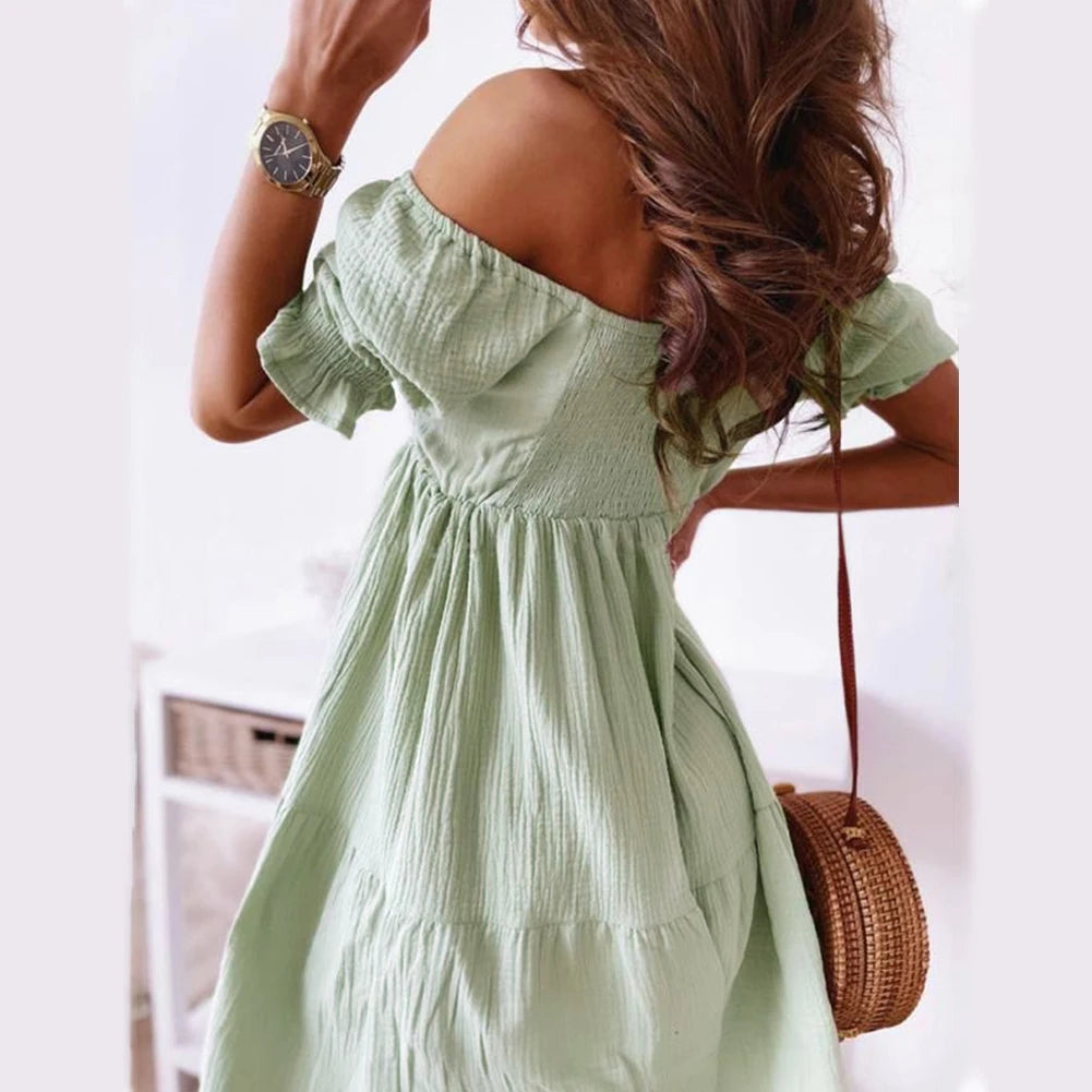 New Short Sleeve Off The Shoulder High Waist A-Line Pleated Dress Sexy Club Outfits Solid Color Summer Dress Women 2025