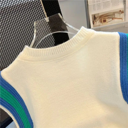 Summer New Fashion Patchwork Knitted Tanks Women Vintage Loose O-neck Soft Comfortable Casual Sleeveless Tops